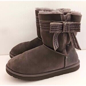 UGG Josette 1003174 Gray Suede Leather Side Bows Sheepskin Lined Boot Sz 8